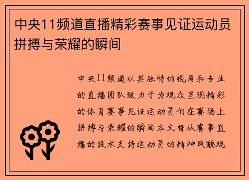 中央11频道直播精彩赛事见证运动员拼搏与荣耀的瞬间