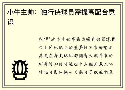 小牛主帅：独行侠球员需提高配合意识