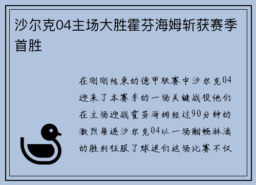 沙尔克04主场大胜霍芬海姆斩获赛季首胜